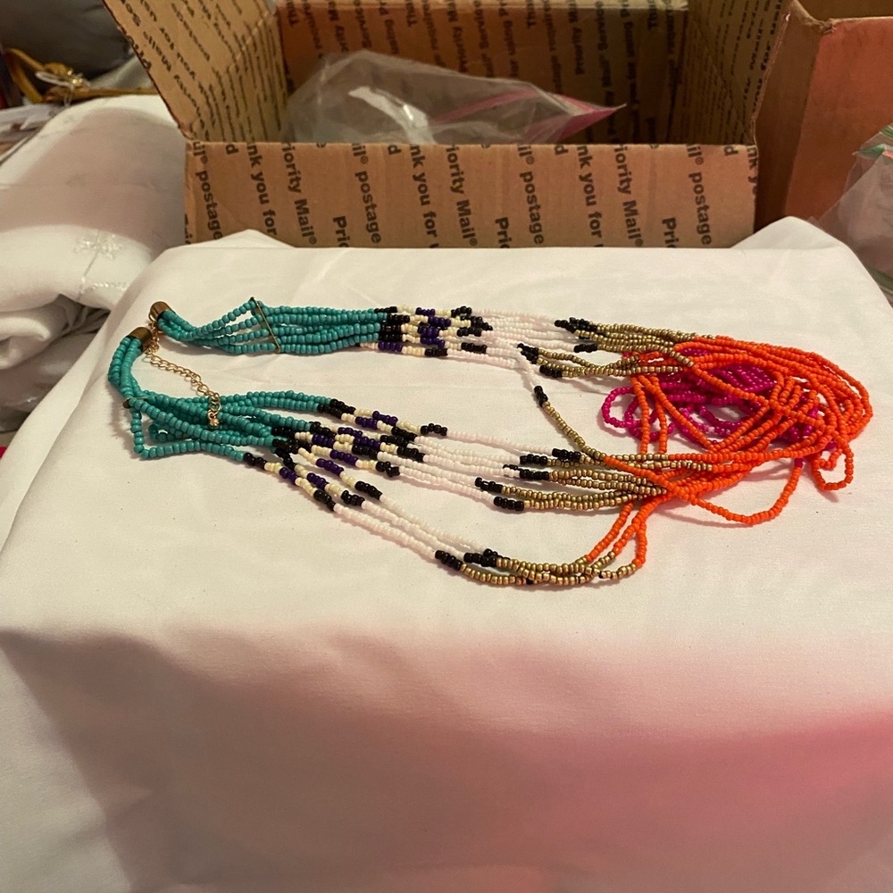 Colorful Beaded Necklace with Turquoise and Orange Accents